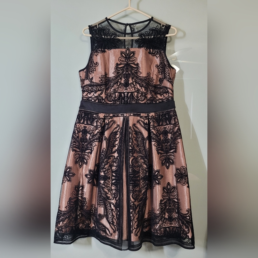Roz & Ali Black Floral Lace Mesh Over Pink/Peach Party Dress